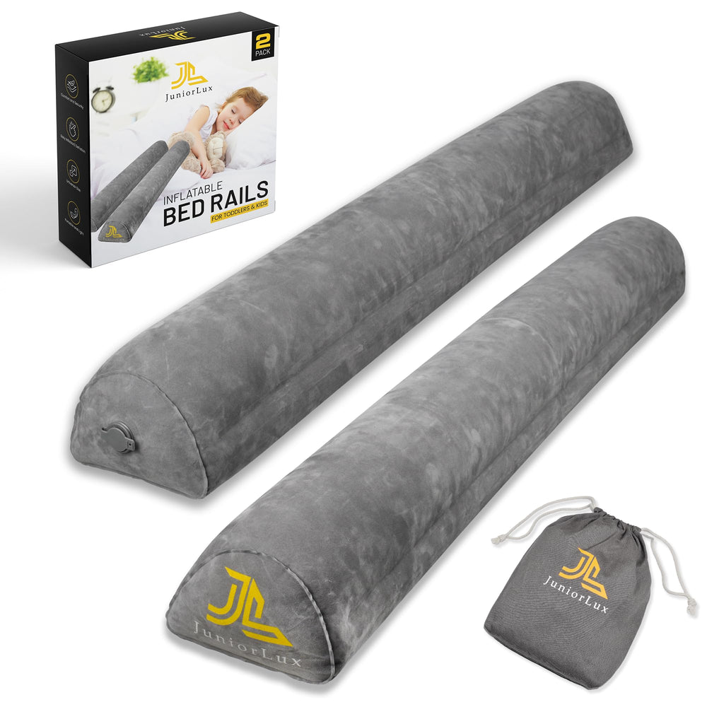 JuniorLux inflatable bed rail velvet-lined for cozy, non-slip nighttime safety.