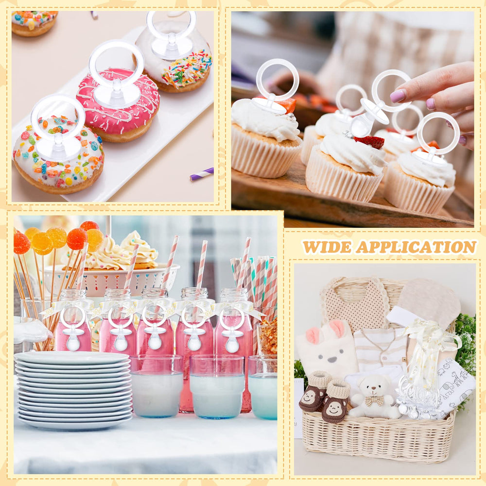 Junkin baby shower decor display featuring pacifier necklaces for party charm