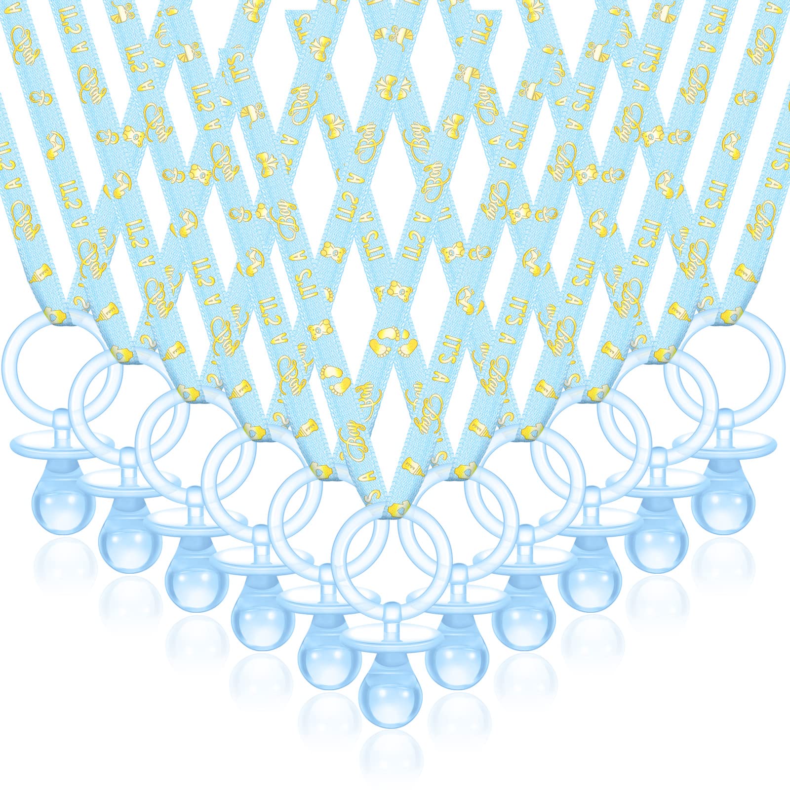 Junkin baby shower pacifier necklace in blue and gold, 60-piece set for party favors.