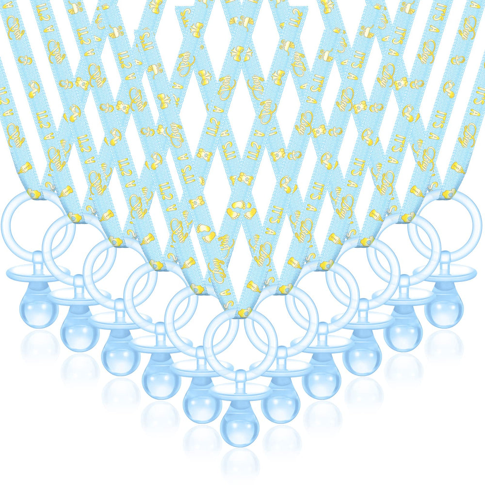 Junkin baby shower pacifier necklace in blue and gold, 60-piece set for party favors.