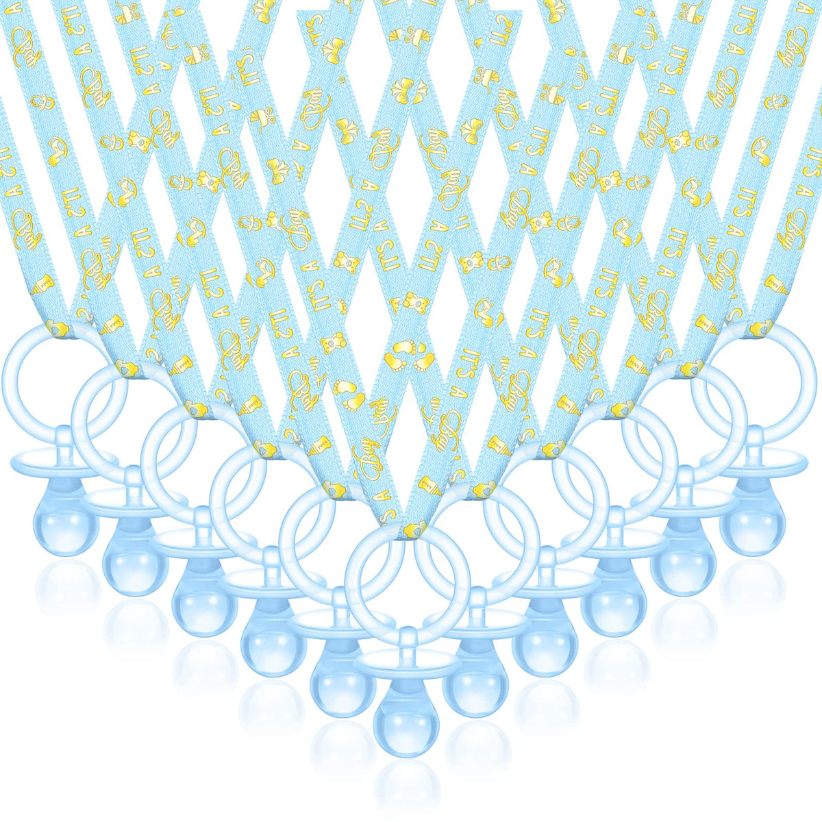 Junkin baby shower pacifier necklace in blue and gold, 60-piece set for party favors.