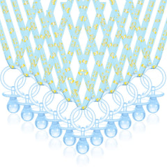 Junkin baby shower pacifier necklace in blue and gold, 60-piece set for party favors.