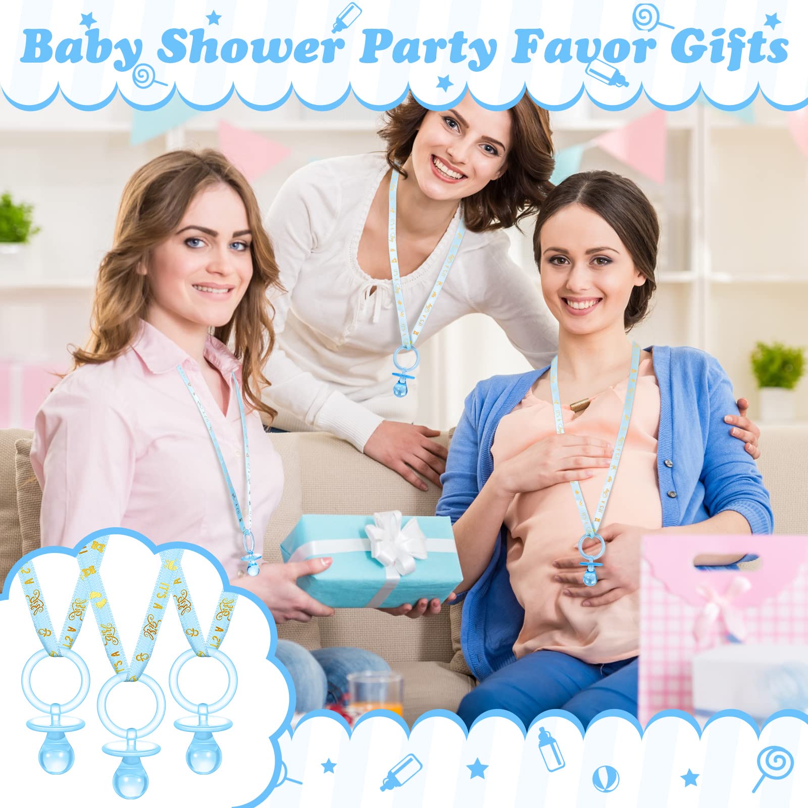 Junkin necklace decor enhances baby shower ambiance with blue-gold hues.