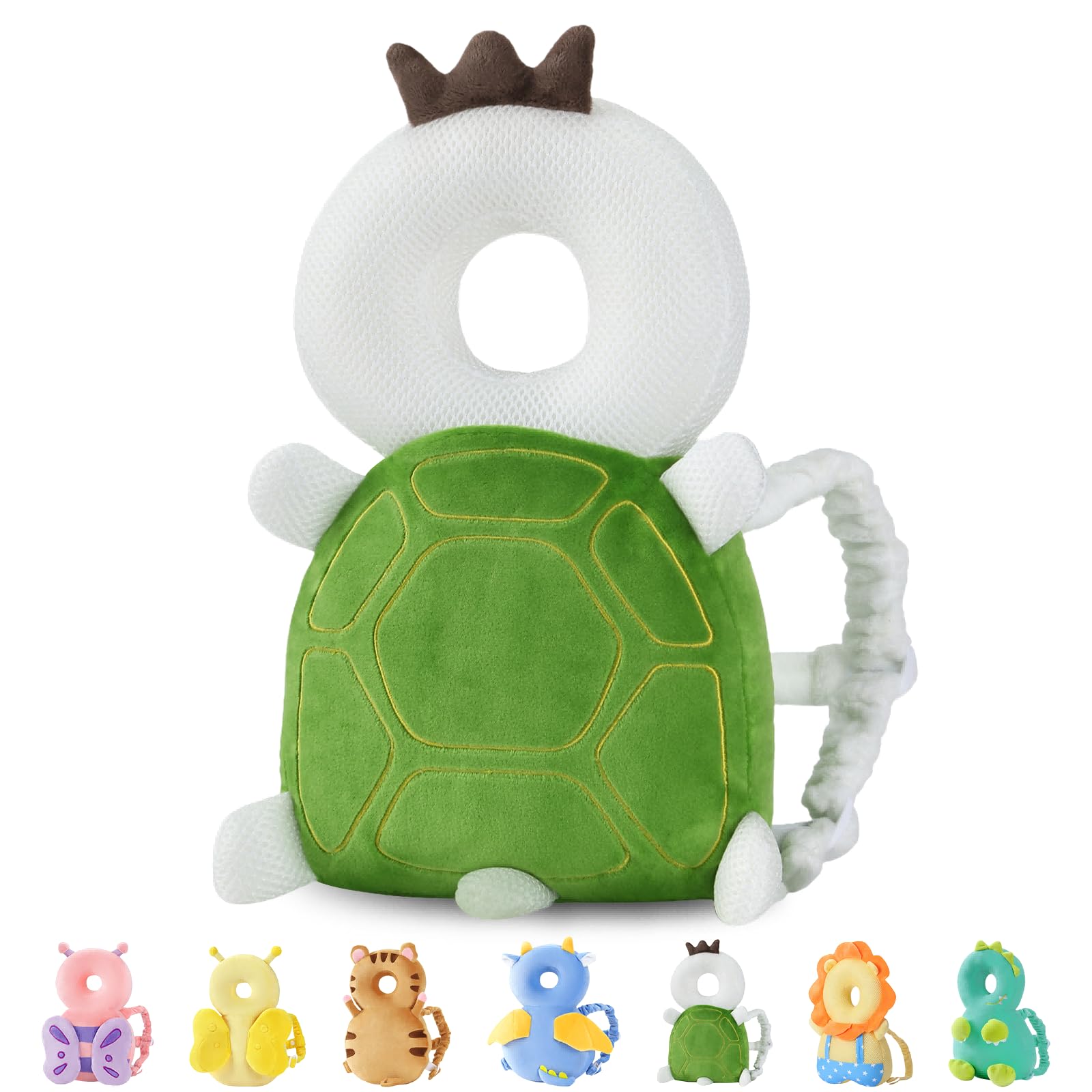 JunNeng Green Turtle head protector backpack on a toddler during walking practice for safety