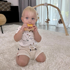 Jununa baby teether blue silicone-wood encourages grip and gentle relief during teething