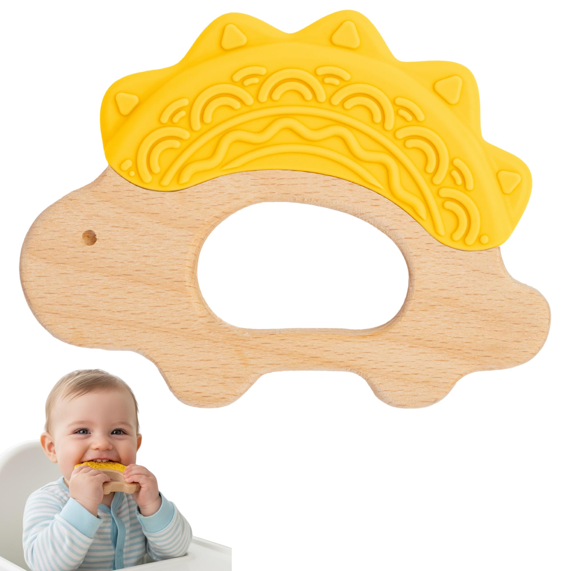 Jununa baby teether pink silicone-wood with gum-soft texture for calm teething moments