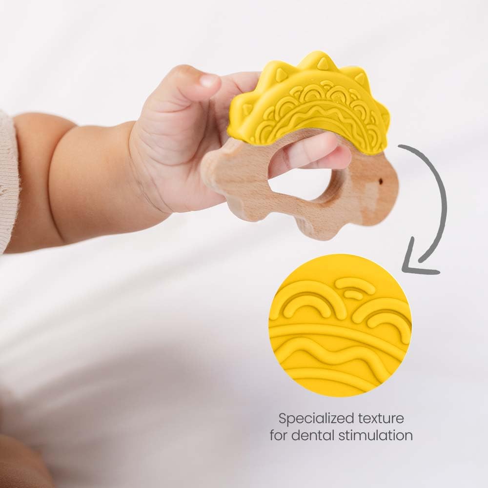 Jununa baby teether yellow silicone-wood helps busy hands practice grip and soothe gums