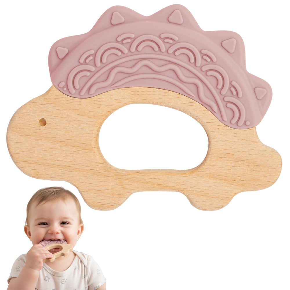 JUNUNA teether silicone and wood combo close-up showing sensory material mix helps soothe gums