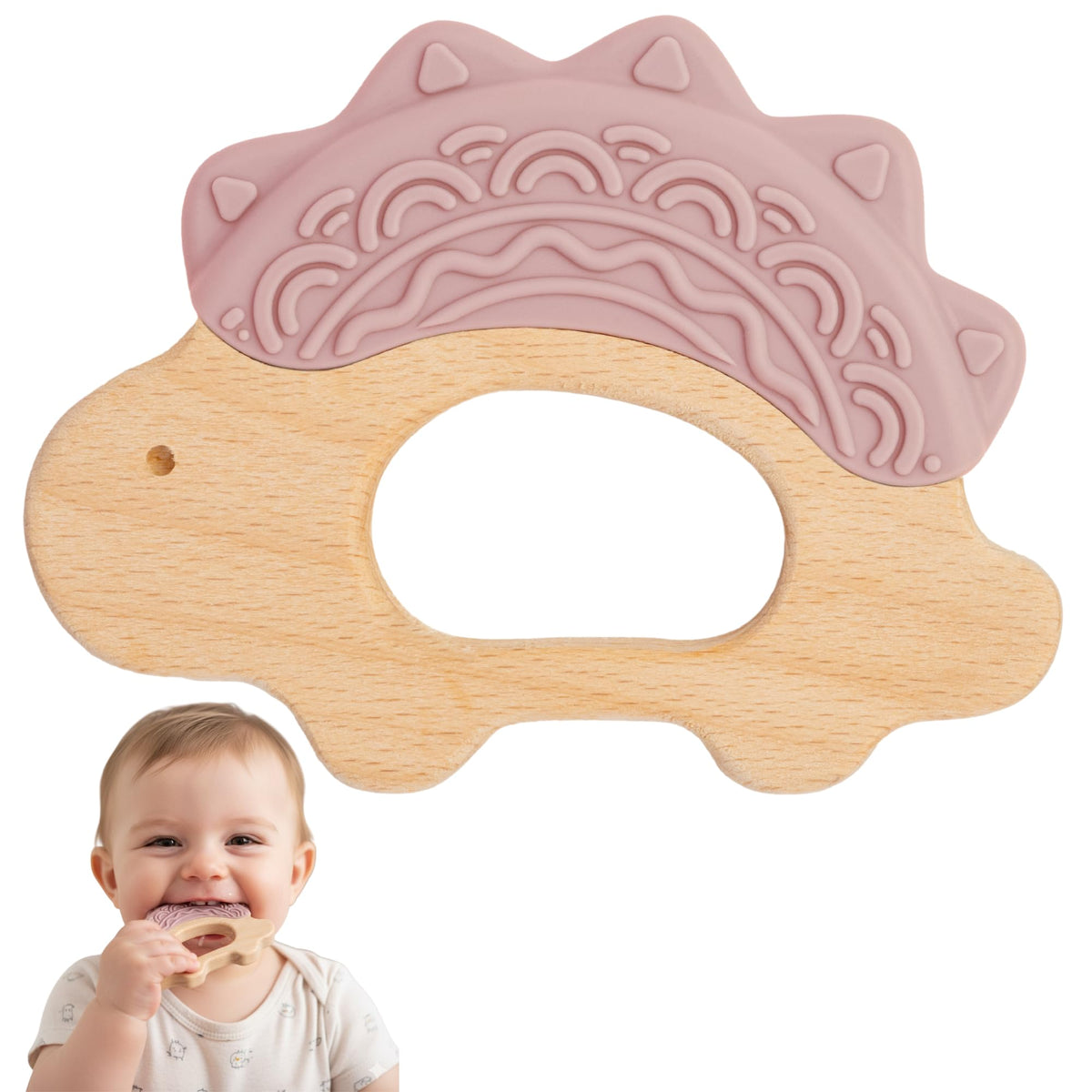 JUNUNA teether silicone and wood combo close-up showing sensory material mix helps soothe gums