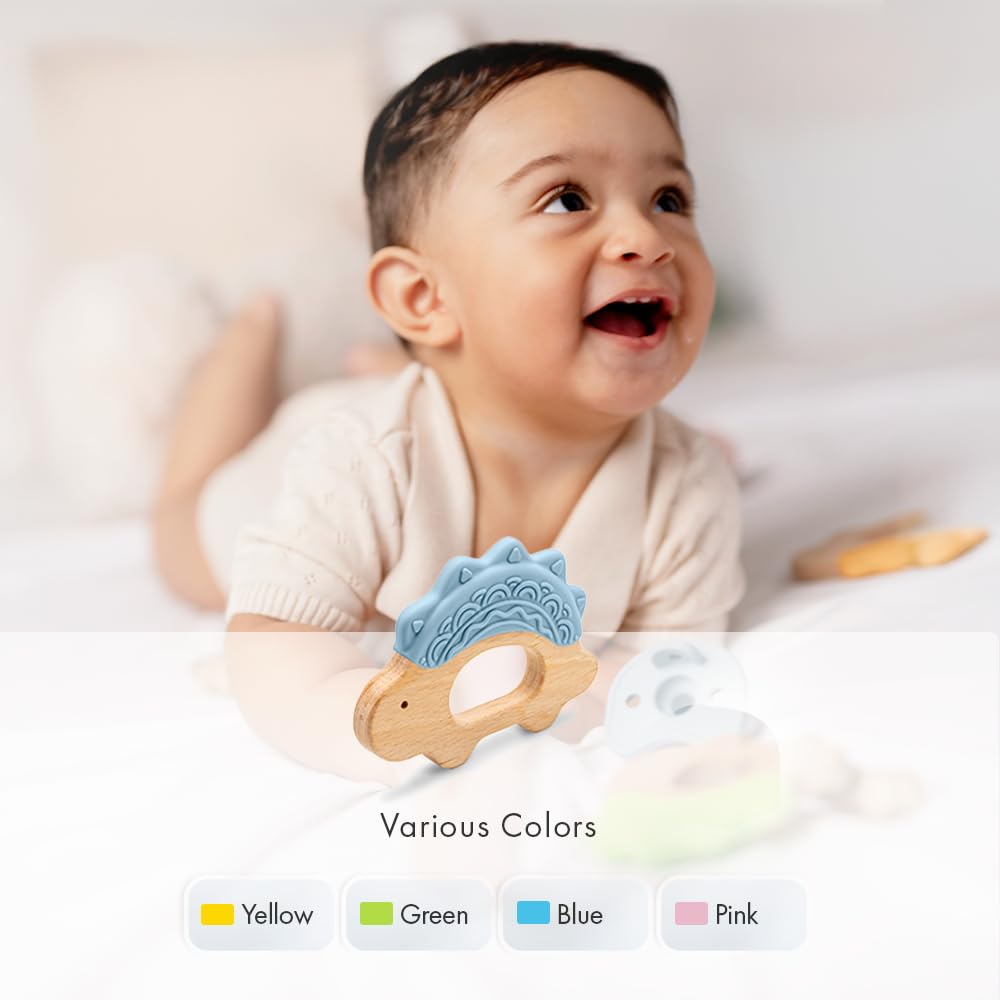 JUNUNA wood-vs-silicone teether comparison in action