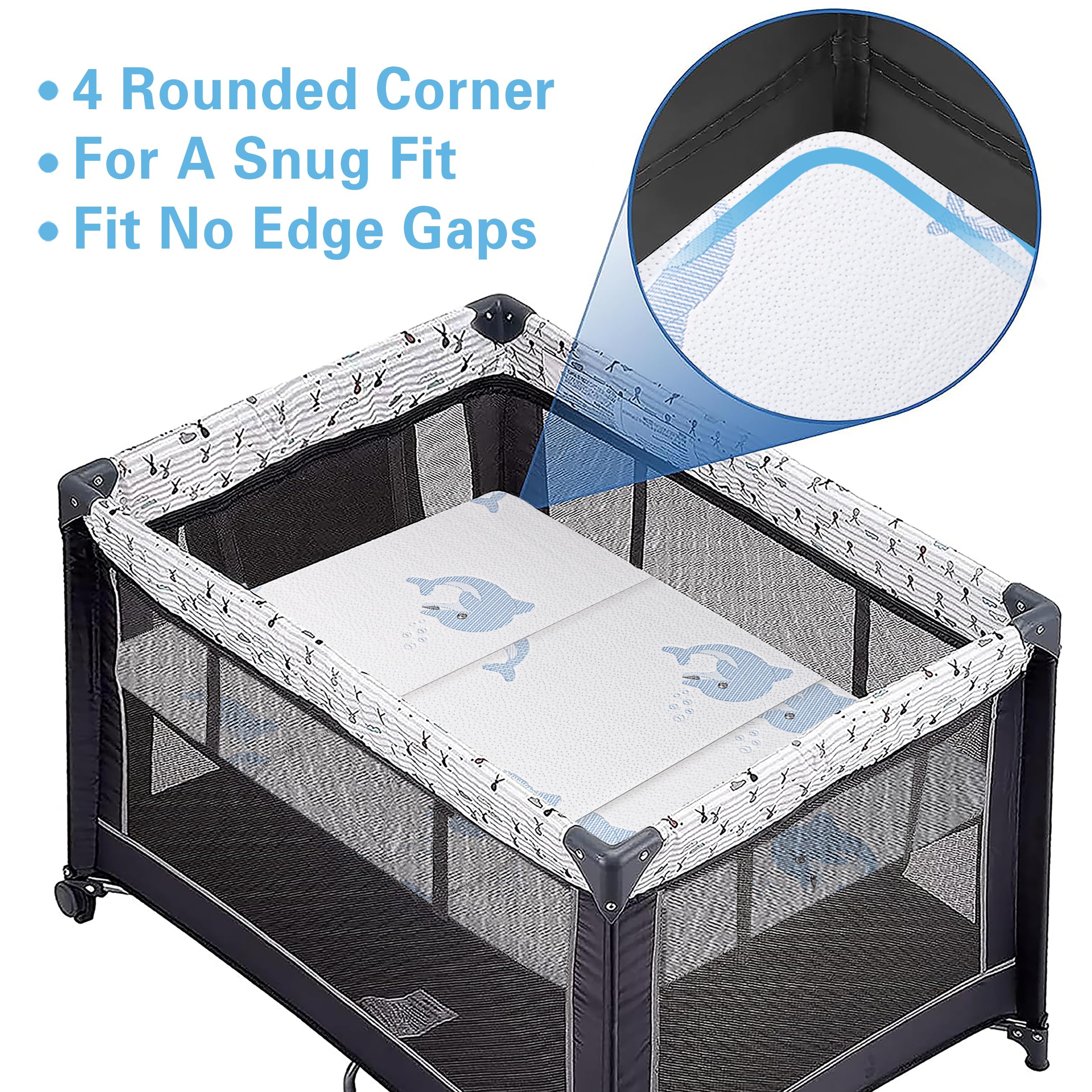 JUNYOHOA 38x26 pack n play size fits most standard play yards.