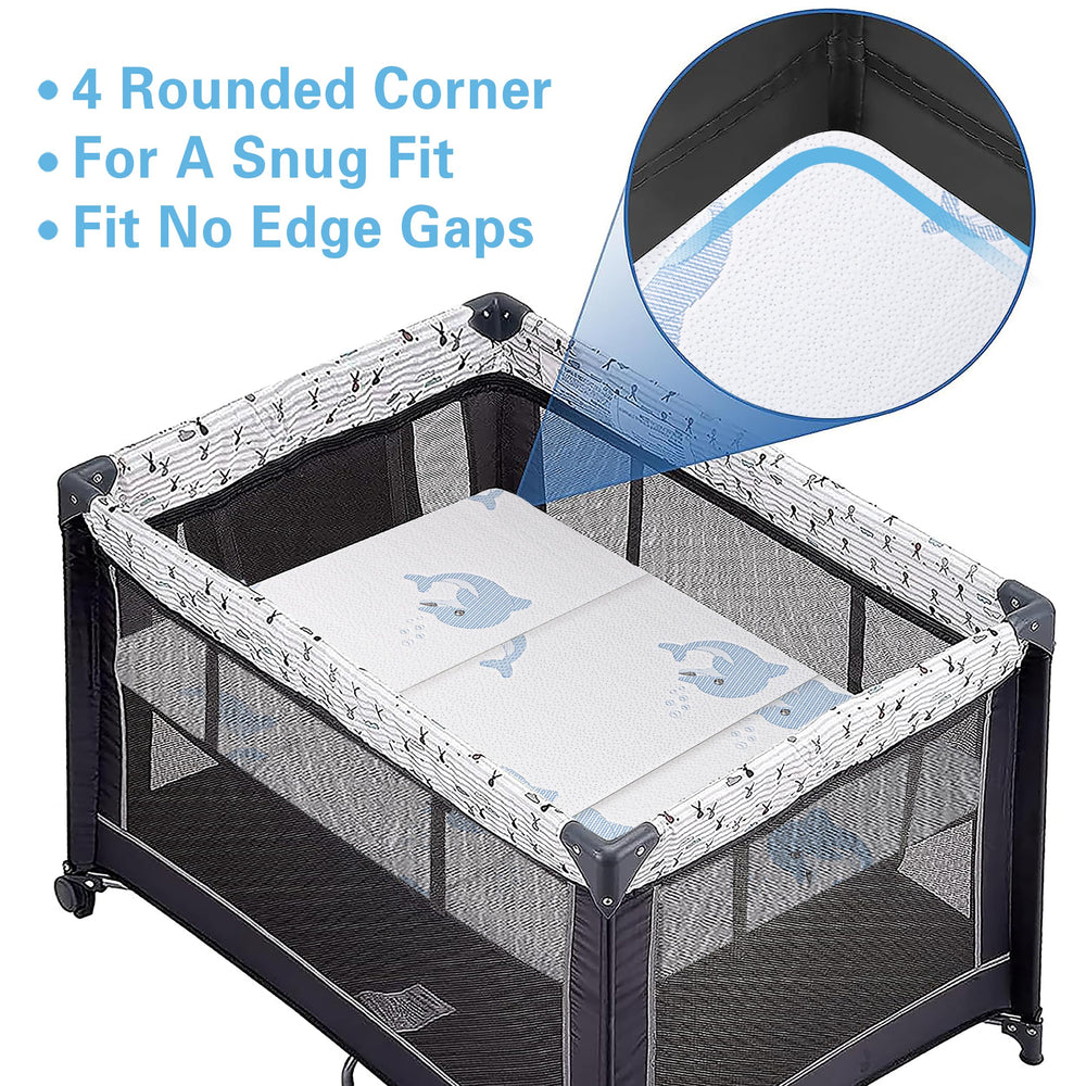 JUNYOHOA 38x26 pack n play size fits most standard play yards.