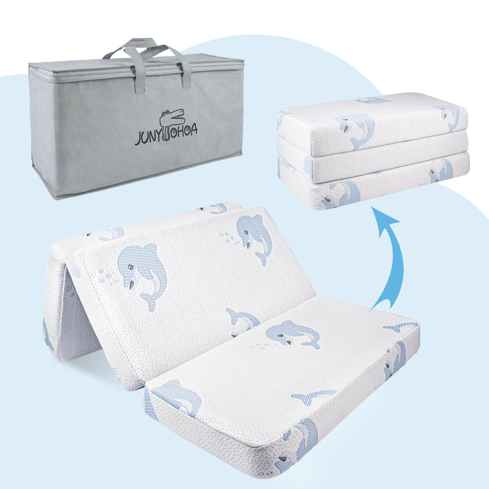 JUNYOHOA trifold mattress folded in a compact storage bag for travel.