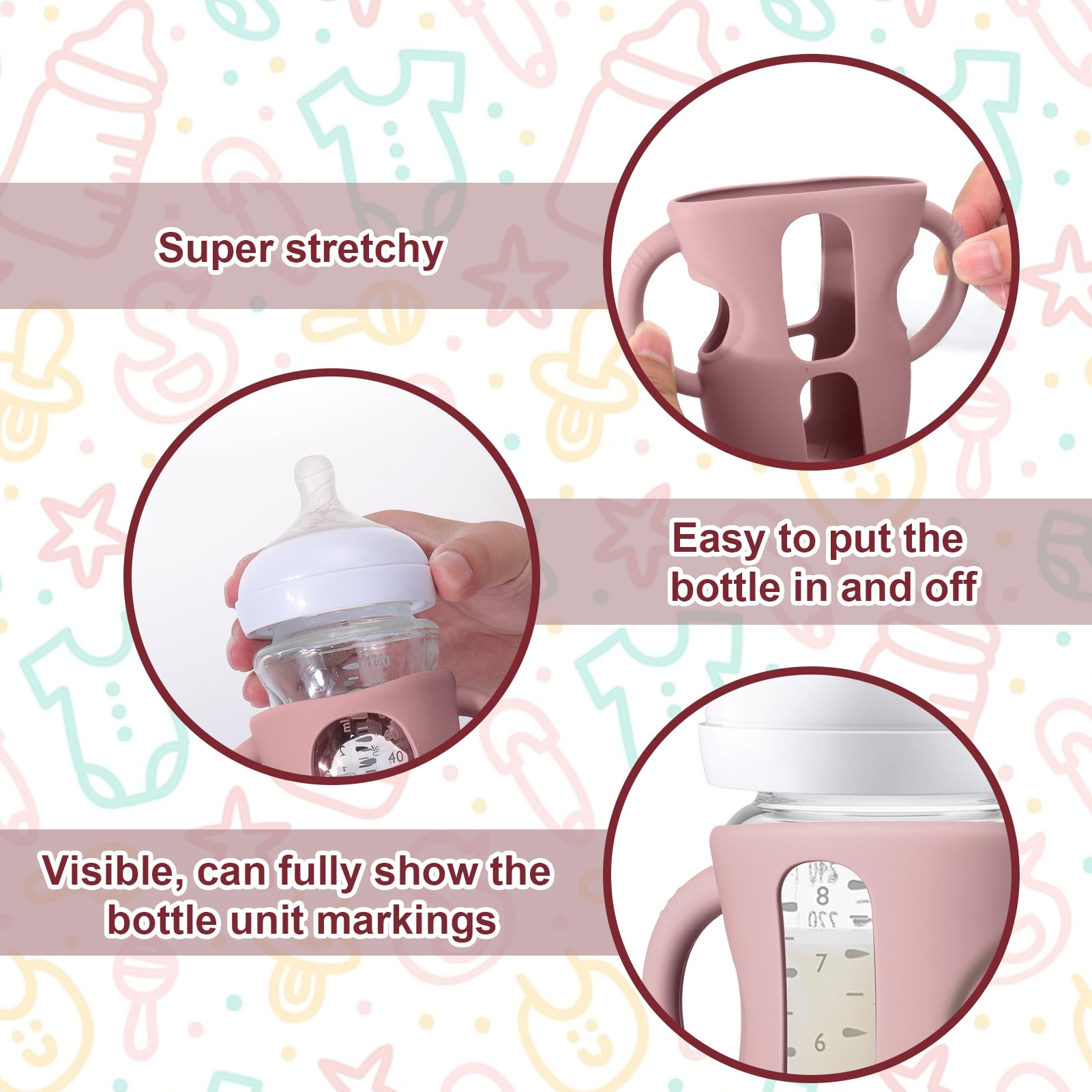 Juome bottle sleeve with grip handles supports baby self-feeding.
