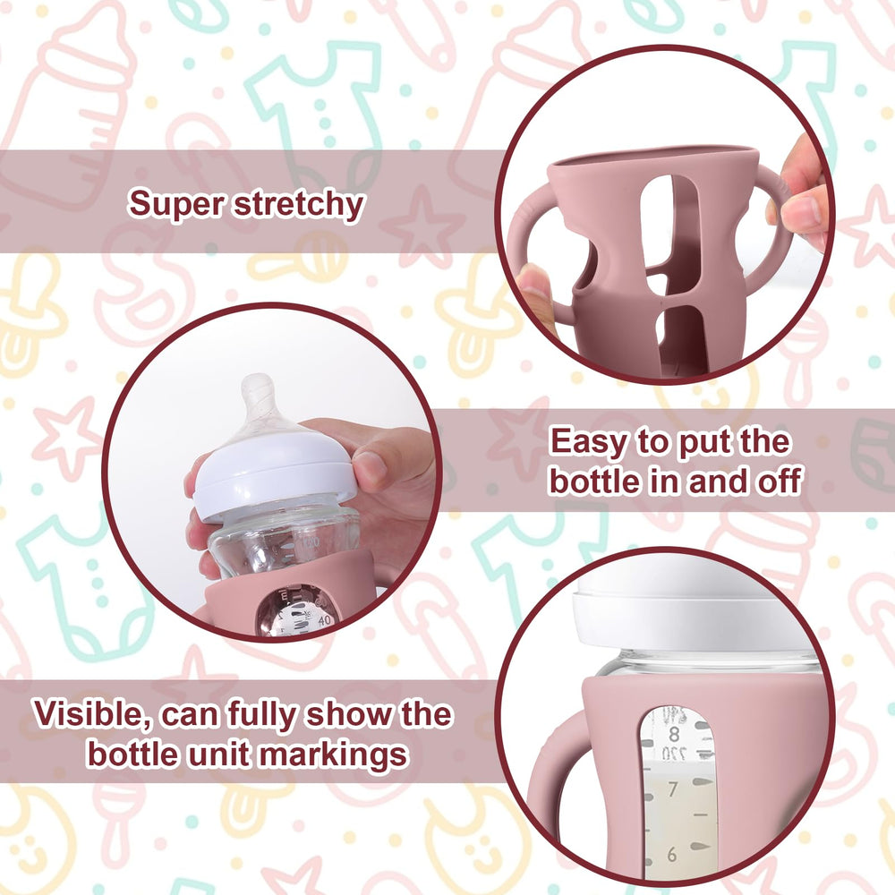 Juome bottle sleeve with grip handles supports baby self-feeding.