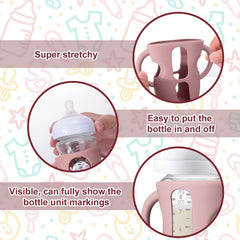 Juome bottle sleeve with grip handles supports baby self-feeding.