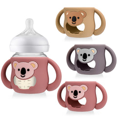 Juome silicone sleeve koala pink on Avent bottle provides secure grip during feeding.