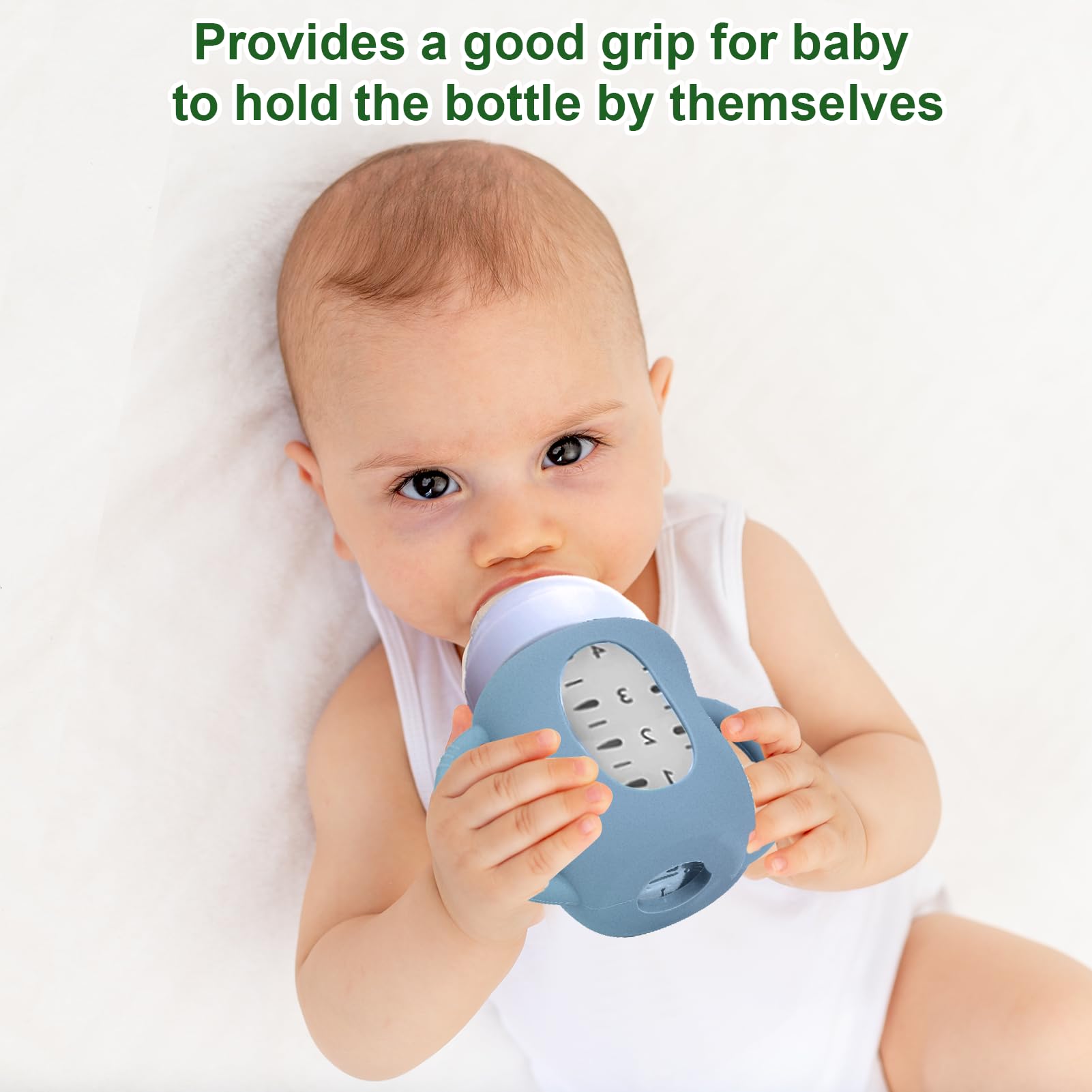 Juome silicone sleeve drop protection on Avent glass bottle reduces breakage risk.