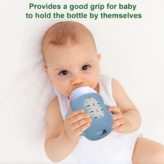 Juome silicone sleeve drop protection on Avent glass bottle reduces breakage risk.