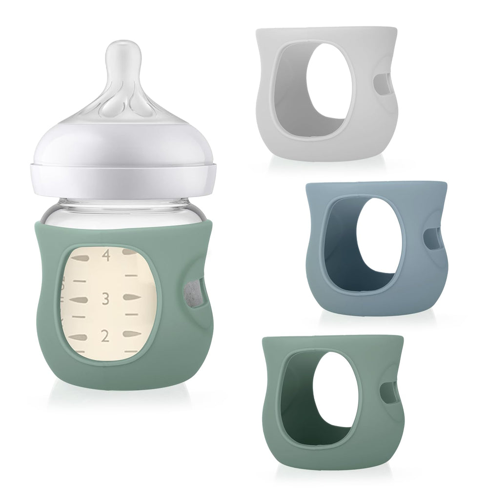 Juome silicone sleeve for Avent Natural 4oz bottle enhances grip during feeding.