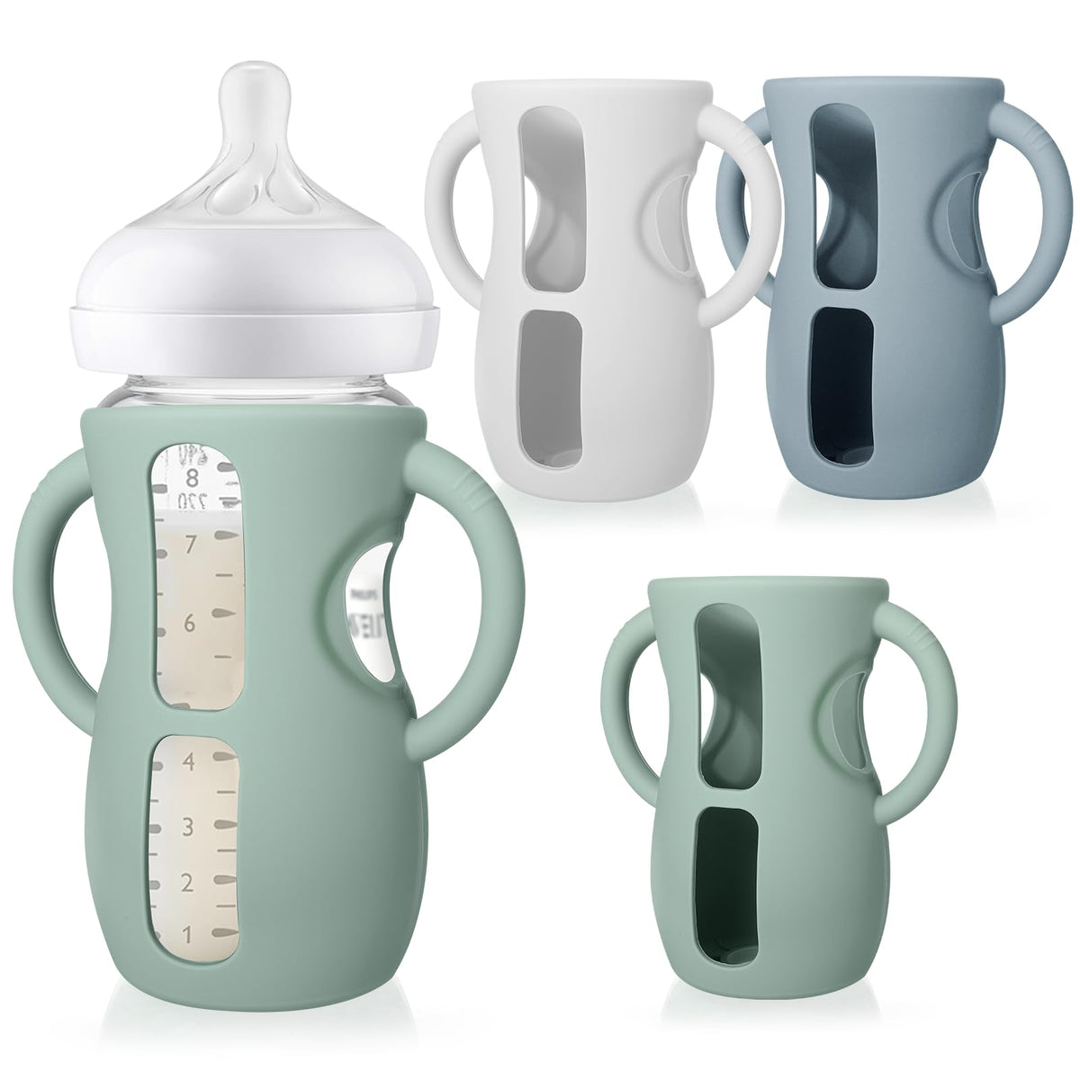 Juome silicone sleeve with handles on Avent natural bottle improves grip.