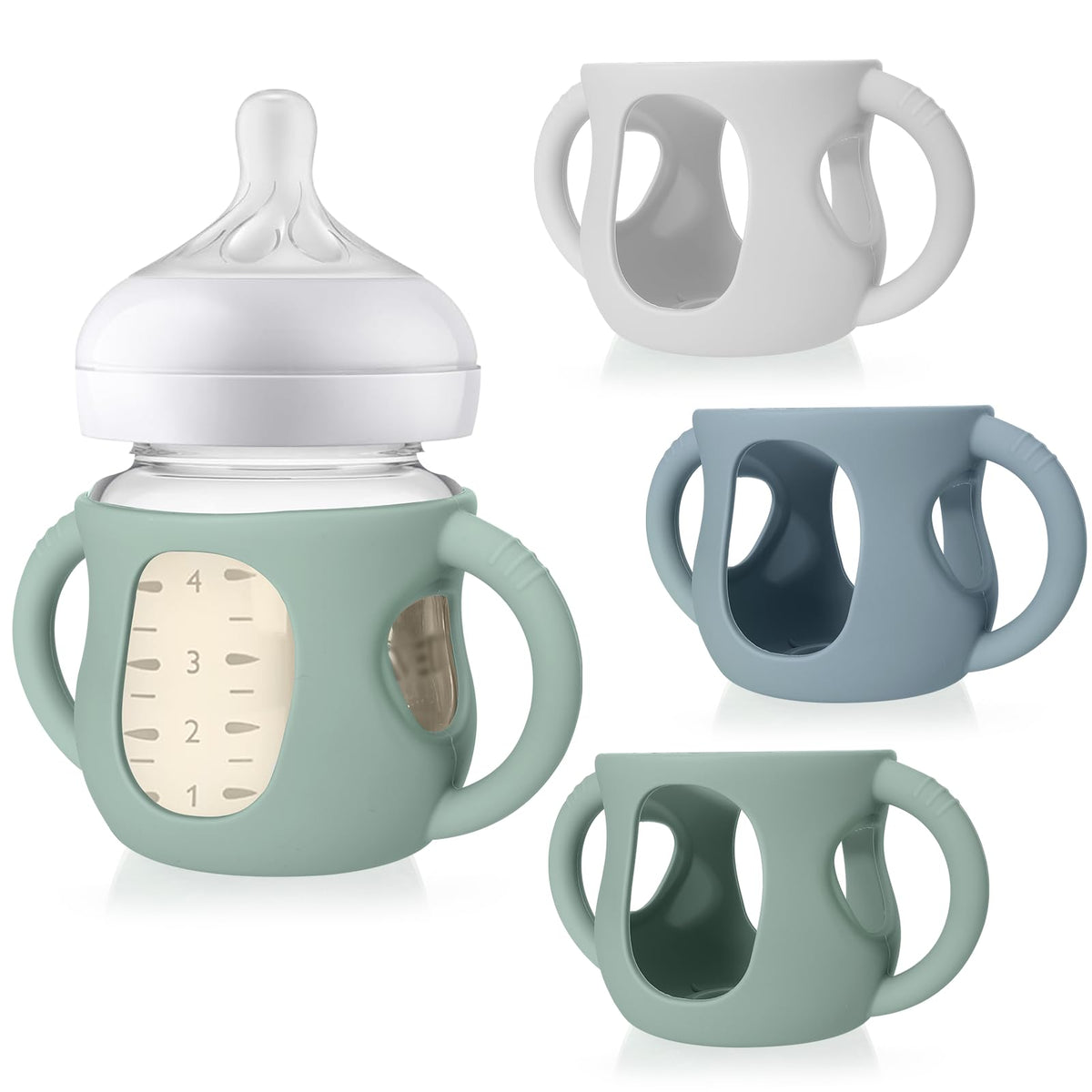 Juome silicone sleeves on Avent glass bottle with handles enhance grip for easier feeding sessions.