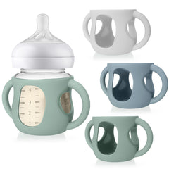 Juome silicone sleeves on Avent glass bottle with handles enhance grip for easier feeding sessions.