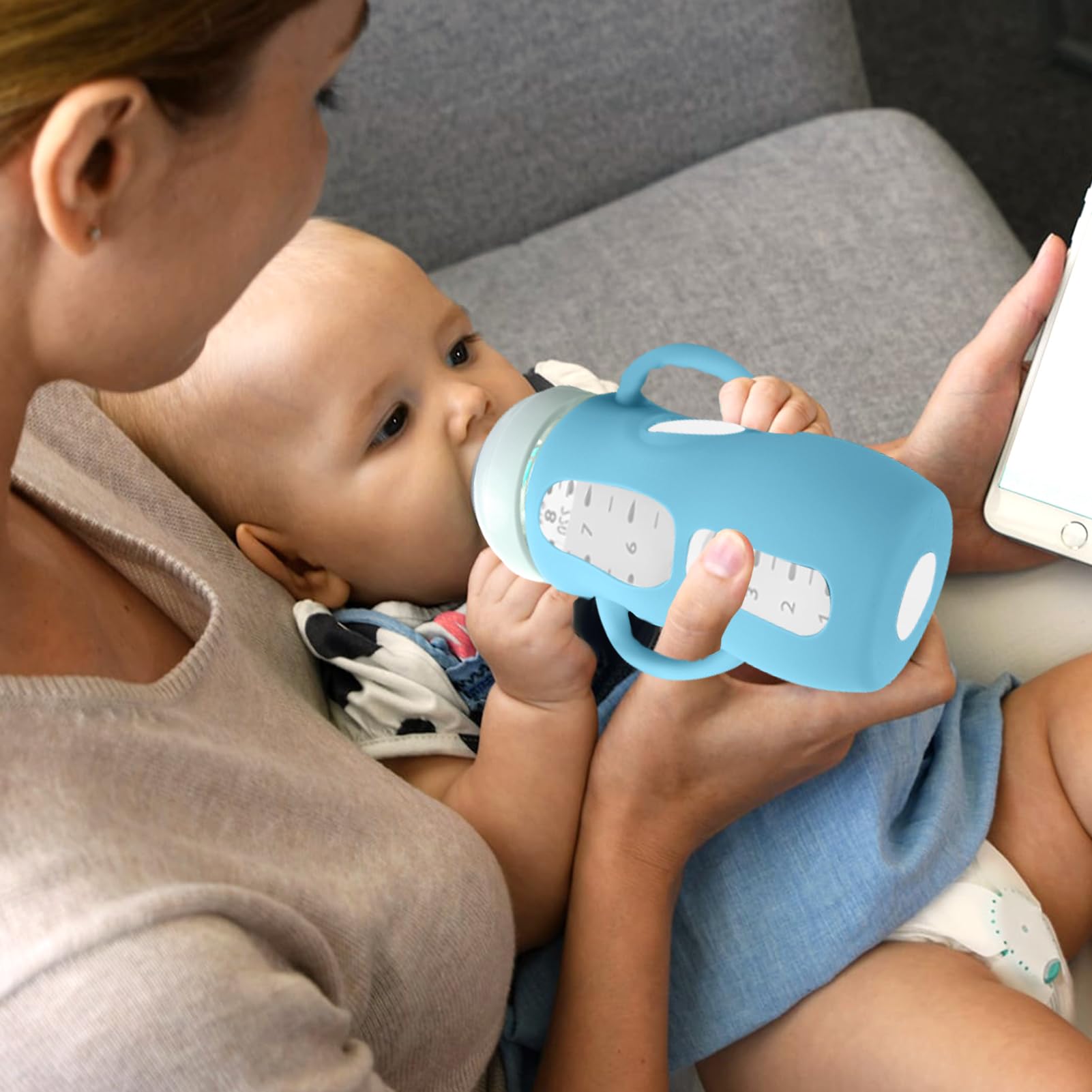 Juome durable, soft silicone sleeve for Avent bottle emphasizes reusable use.