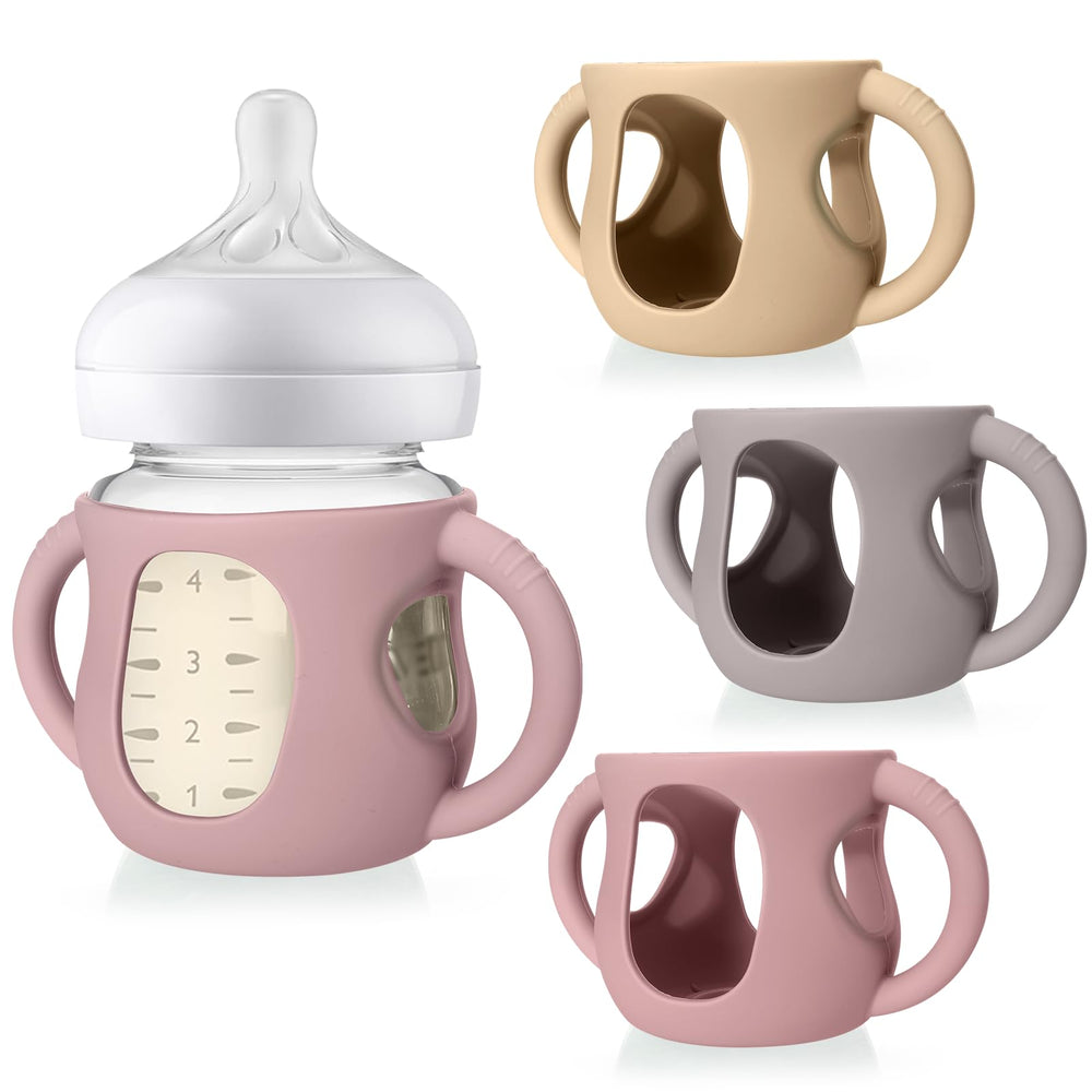 Juome silicone sleeves with handles on Avent 4oz bottle, improving grip.