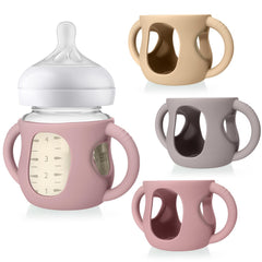 Juome silicone sleeves with handles on Avent 4oz bottle, improving grip.