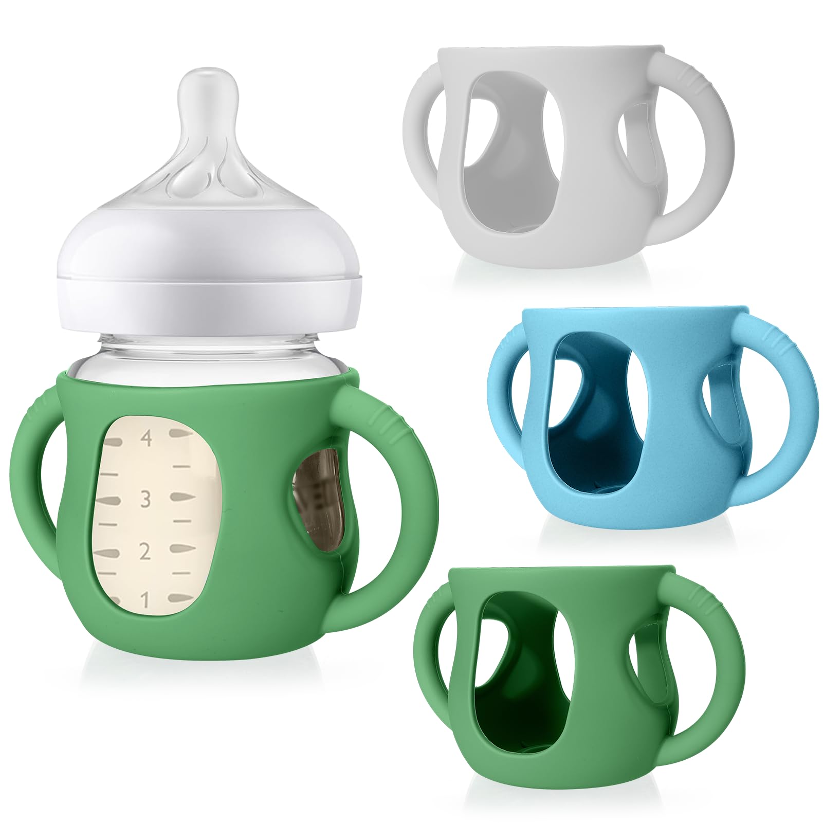 Juome silicone sleeve with handles on Avent 4oz bottle for easy grip and self feeding practice