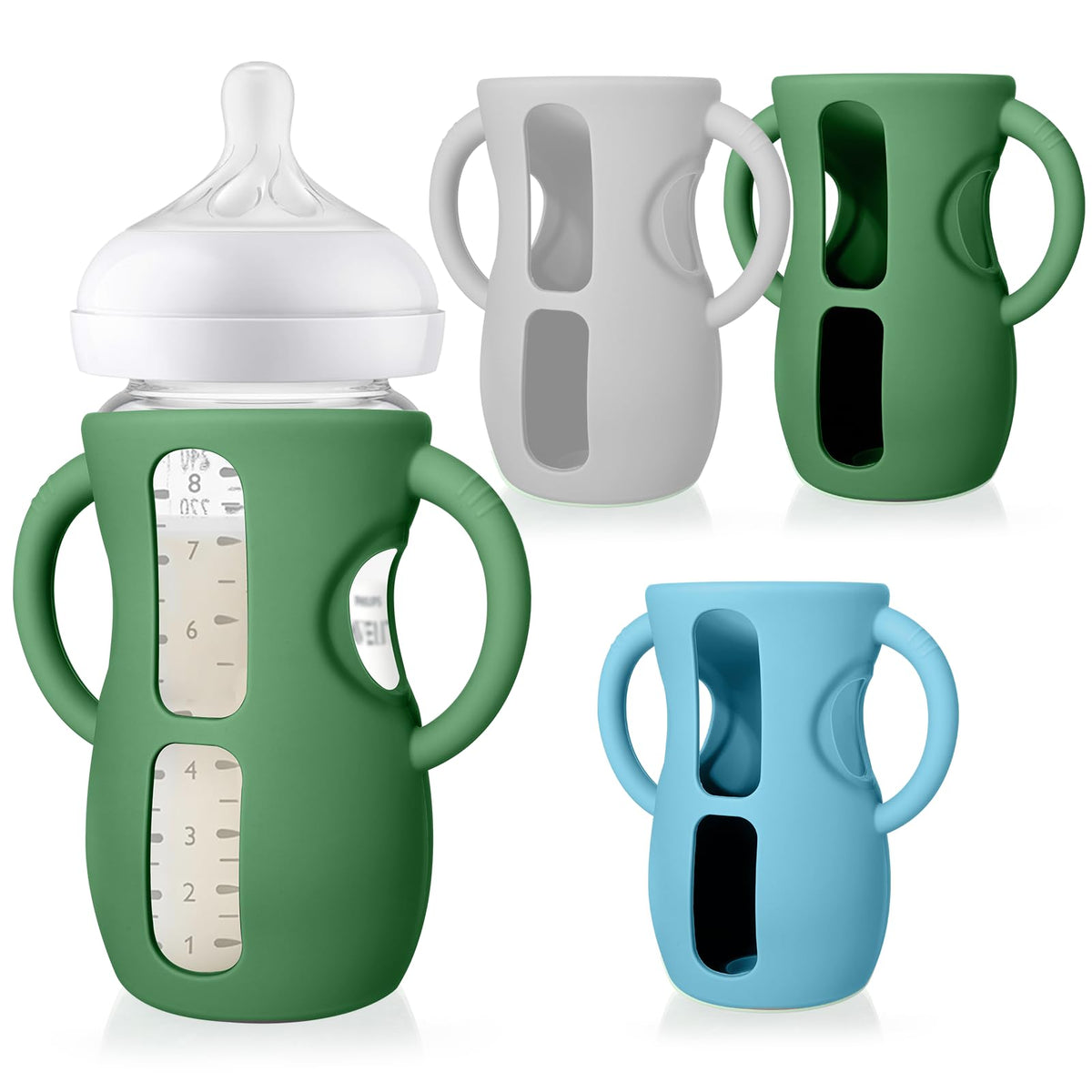 Juome silicone sleeves with handles on Avent bottle offer an easy grip for little hands.