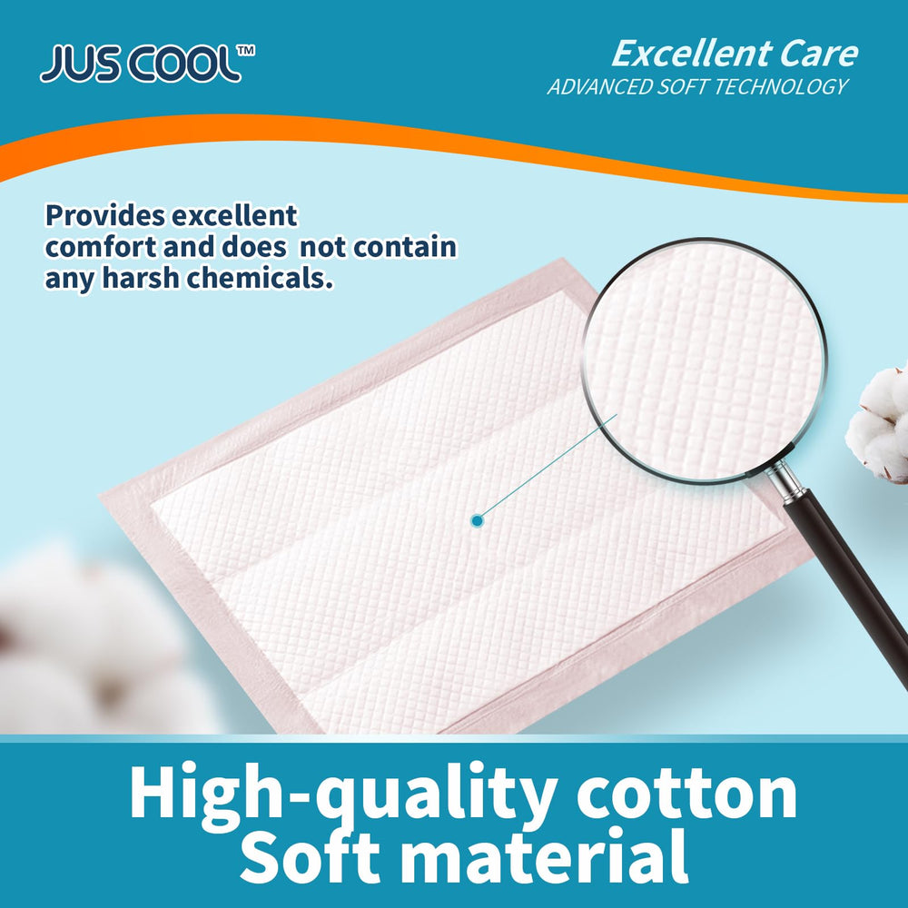 JUS COOL bed pads 30x36 absorbent core highlights quick moisture wicking.