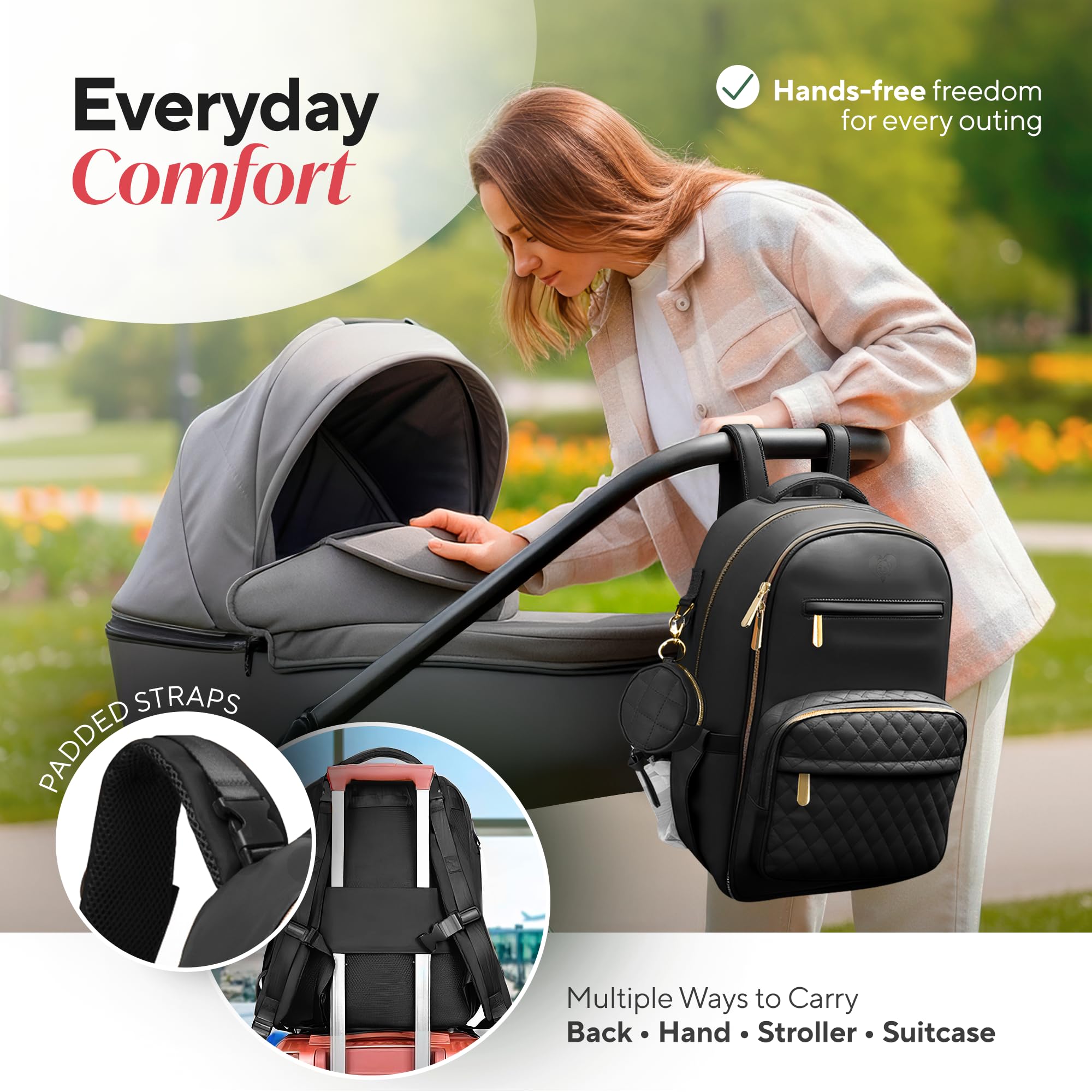 JustBaby Luv backpack side view highlights waterproof PU vegan leather for all-weather outings.