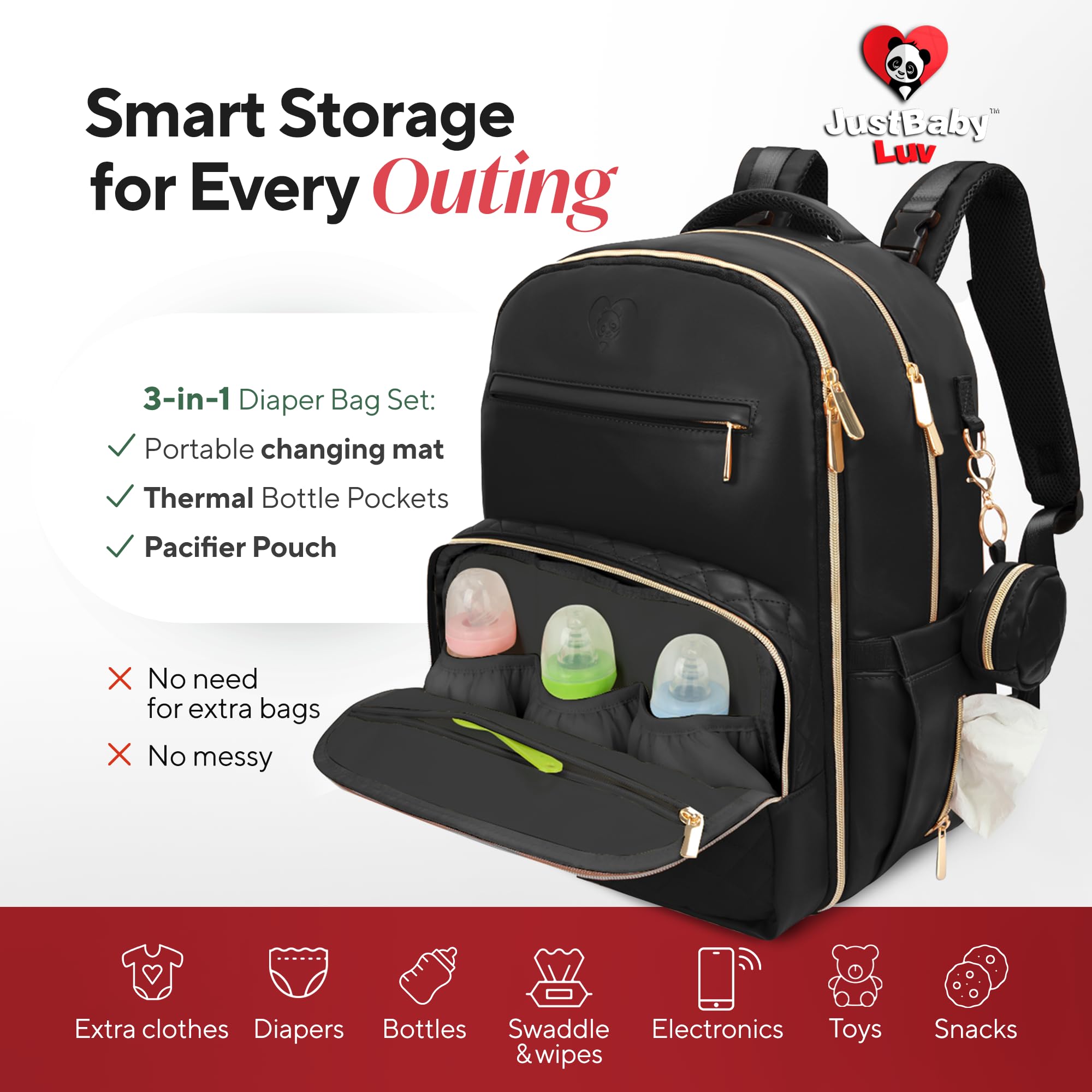JustBaby Luv premium vegan leather backpack makes a thoughtful baby shower or new-parent gift.