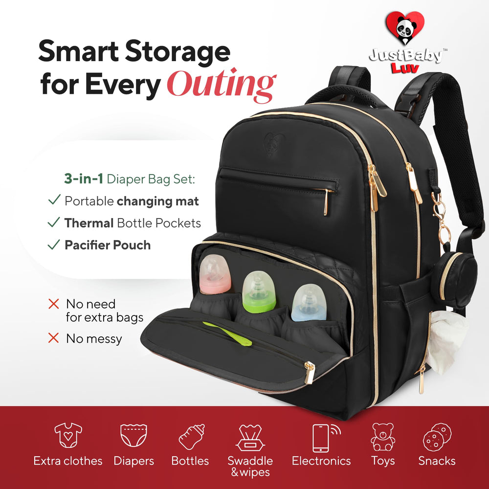 JustBaby Luv premium vegan leather backpack makes a thoughtful baby shower or new-parent gift.