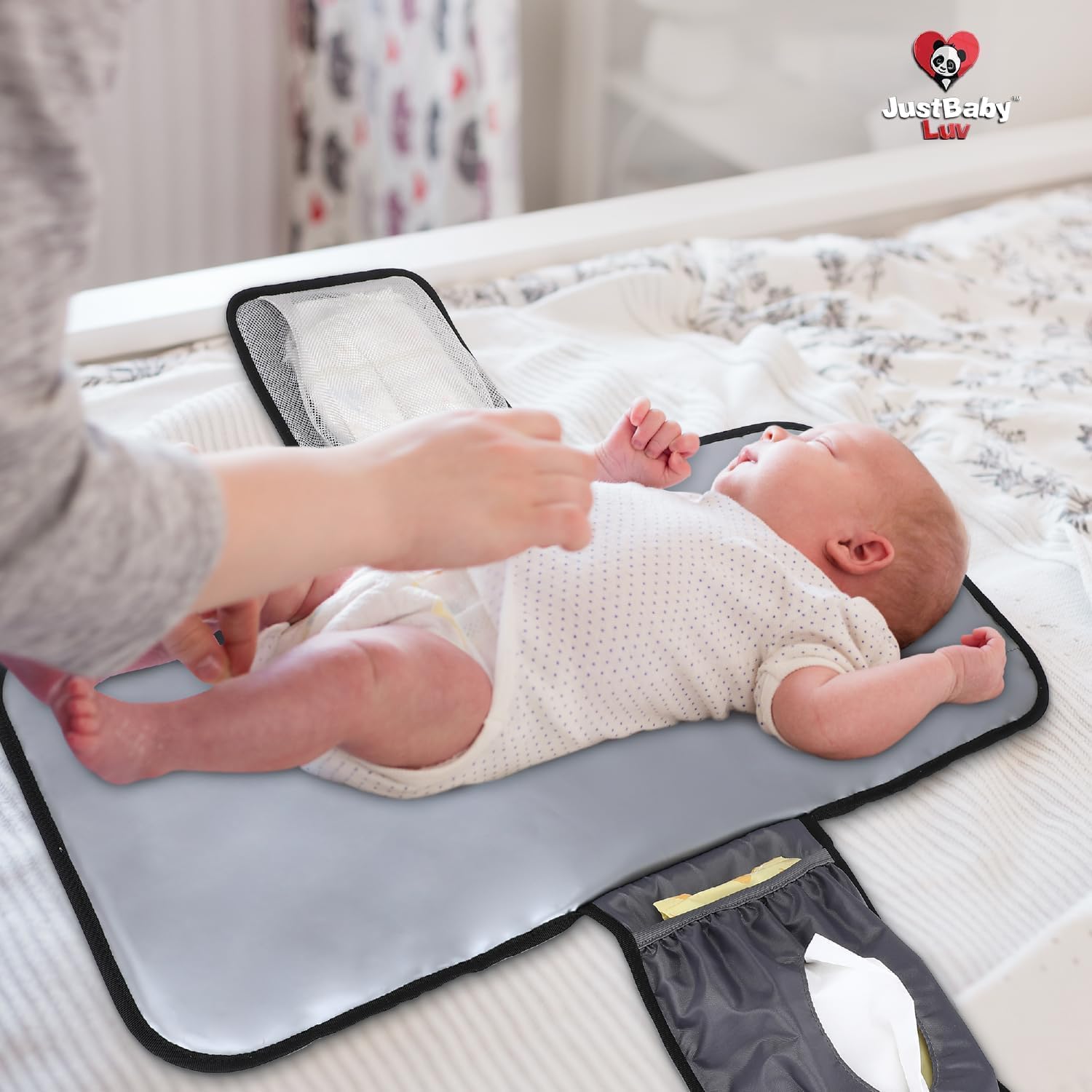 JustBaby Luv multi-pocket design fits diapers, wipes, clothes, and gadgets in one bag.