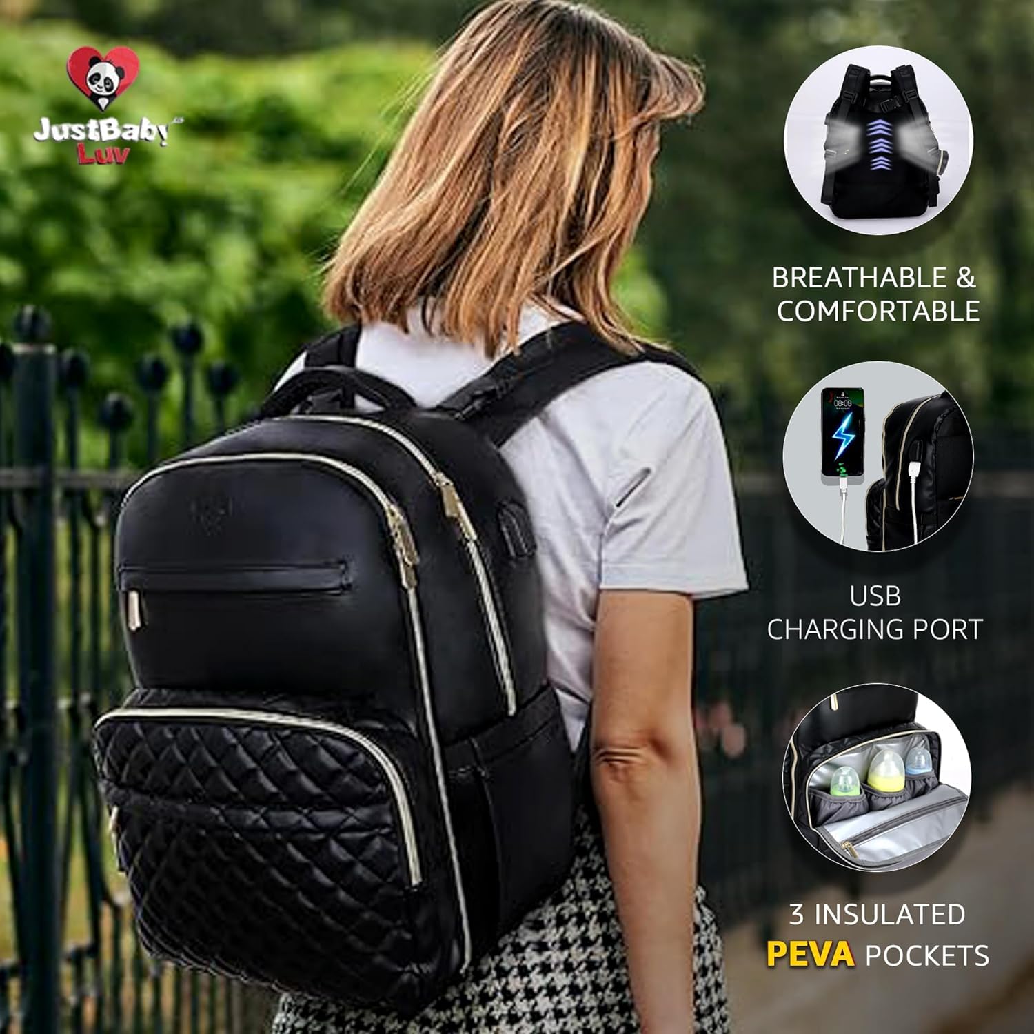 JustBaby Luv waterproof PU vegan leather exterior protects belongings in changing weather.