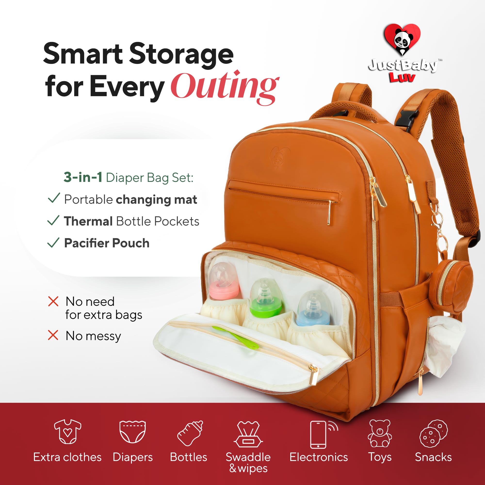 JustBaby Luv diaper bag backpack back pocket detail provides discreet valuables on outings