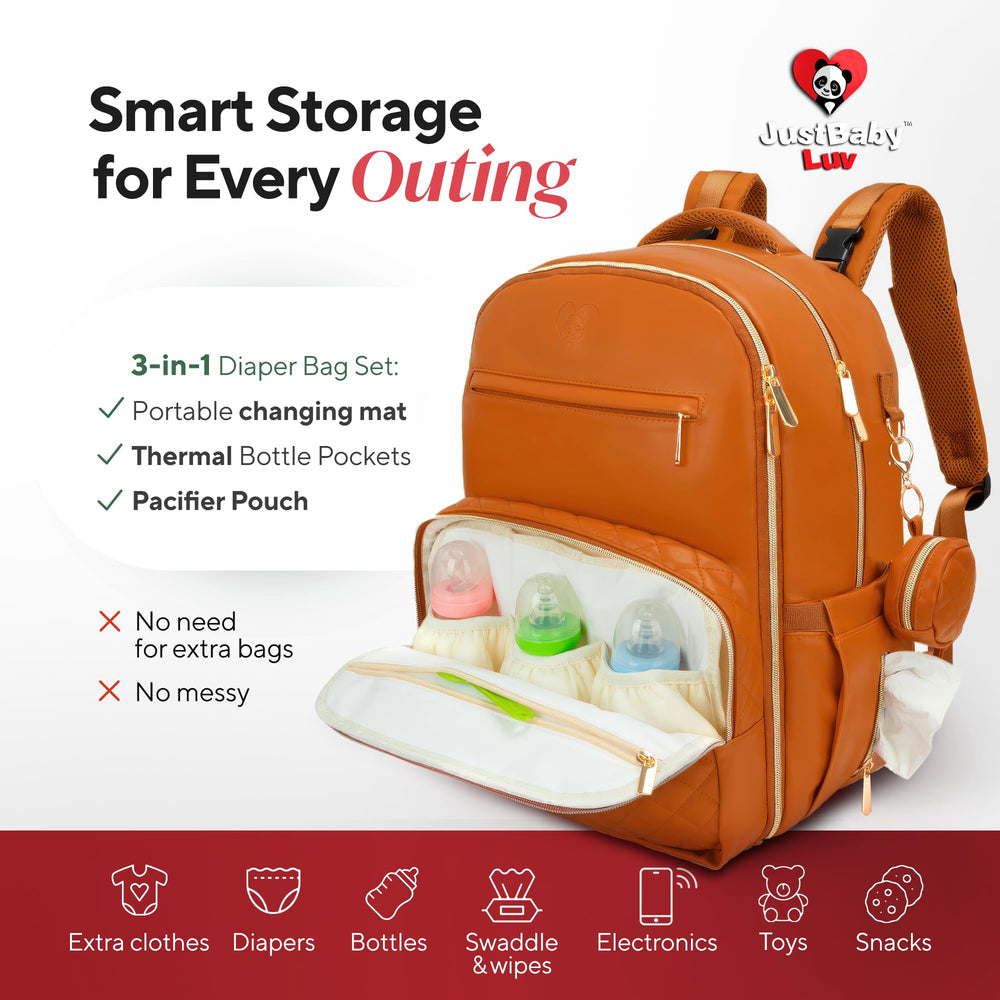JustBaby Luv diaper bag backpack back pocket detail provides discreet valuables on outings