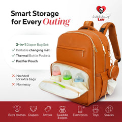 JustBaby Luv diaper bag backpack back pocket detail provides discreet valuables on outings