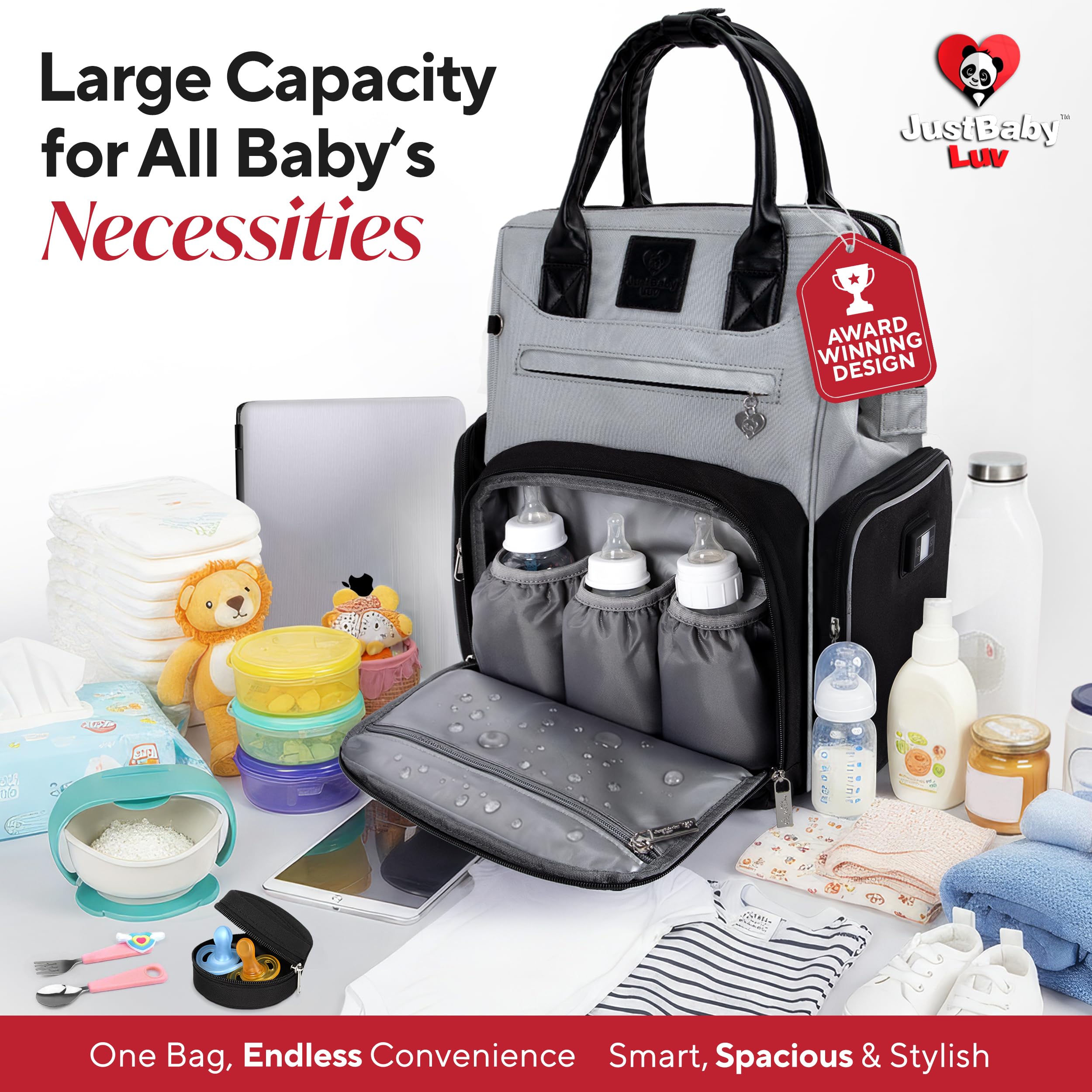 JustBaby Luv multipurpose storage keeps baby essentials neatly organized.