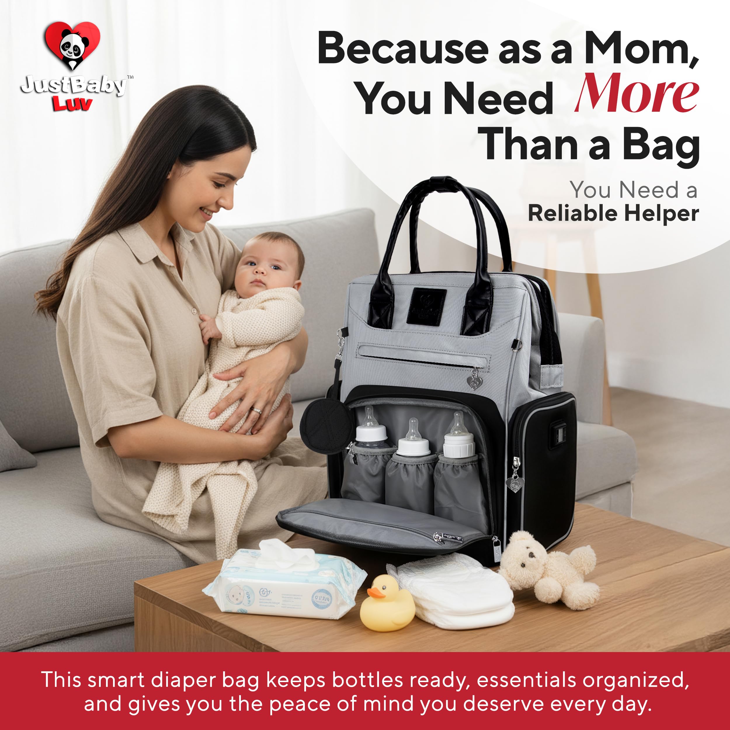 JustBaby Luv spill-resistant lining simplifies cleaning after mess-free outings.