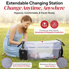 JustBaby Luv stroller attachment option enables hands-free mobility during errands.