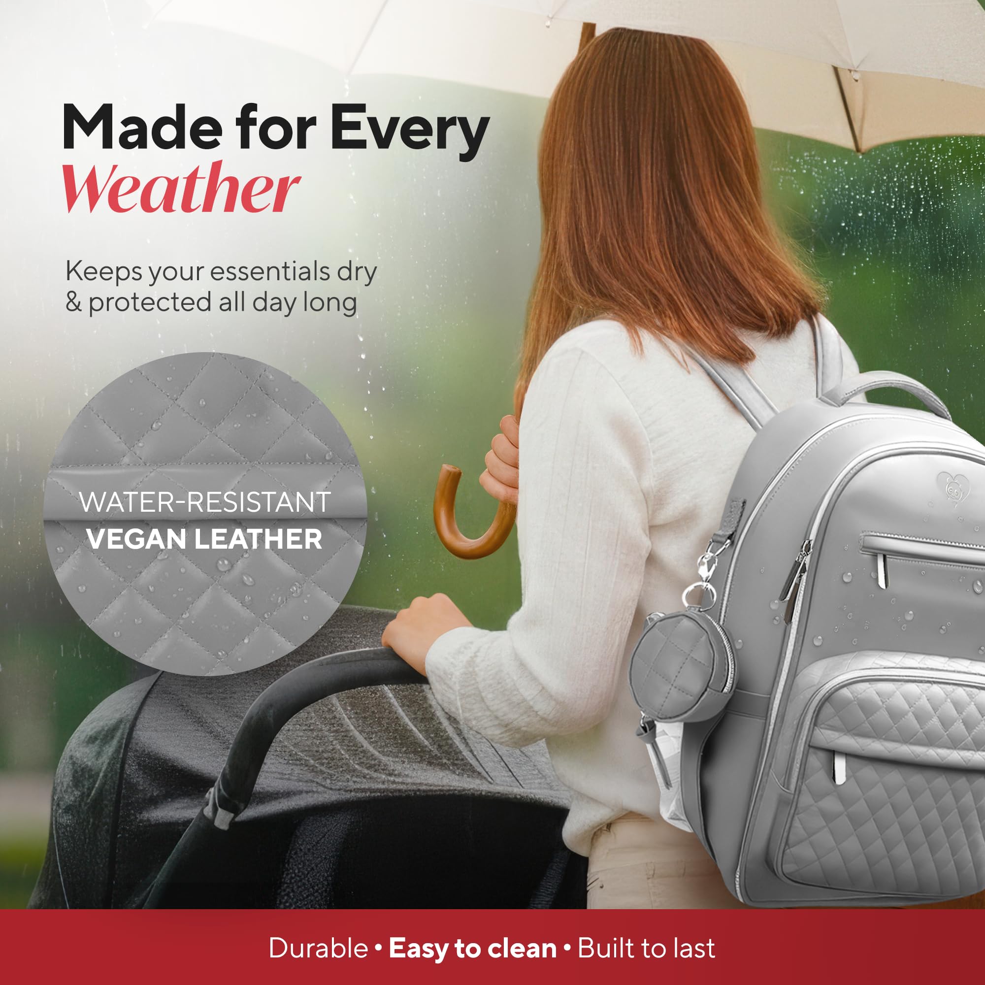 JustBaby Luv waterproof nylon protects belongings in varied weather
