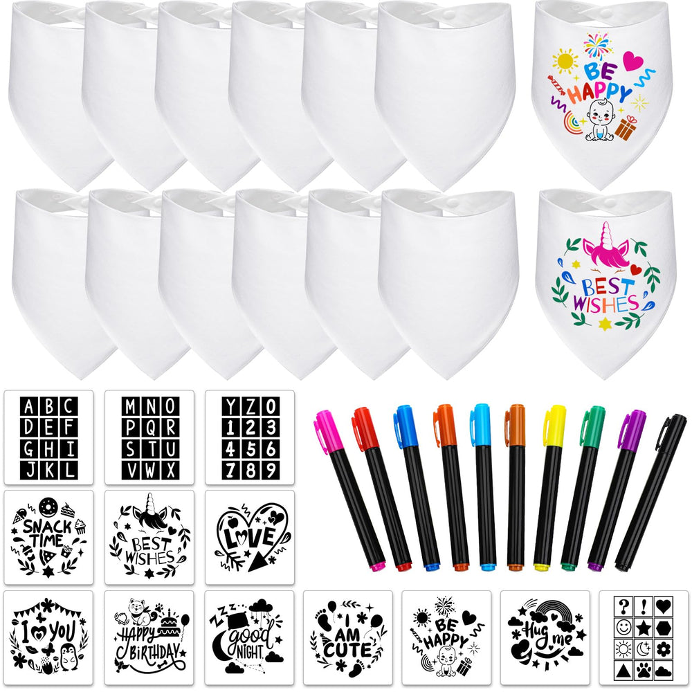 Jutom baby bib decorating set closeup showing DIY designs for baby showers.