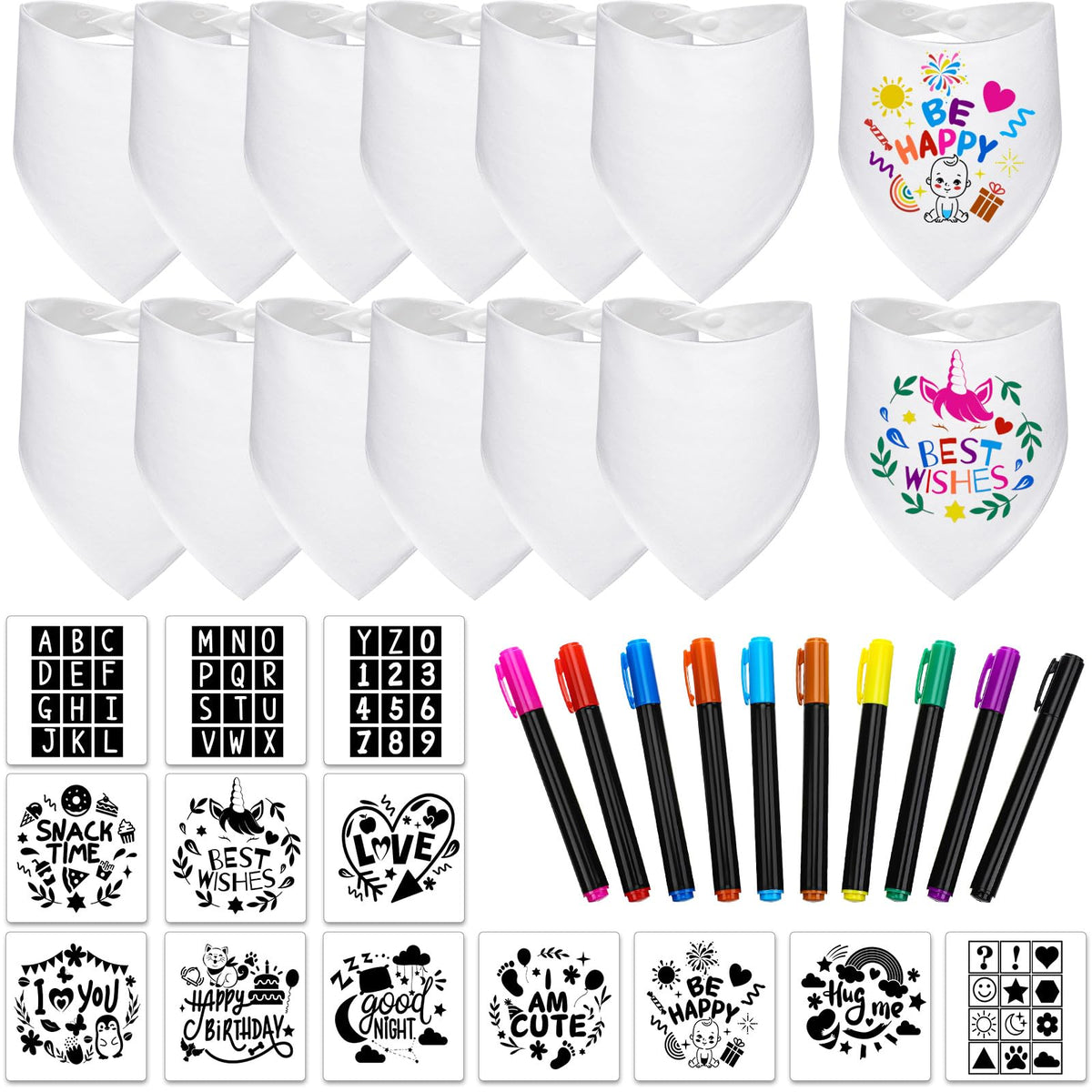 Jutom baby bib decorating set closeup showing DIY designs for baby showers.