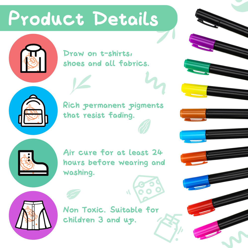 Jutom fabric markers 10-pack closeup for vibrant, washable bib art.
