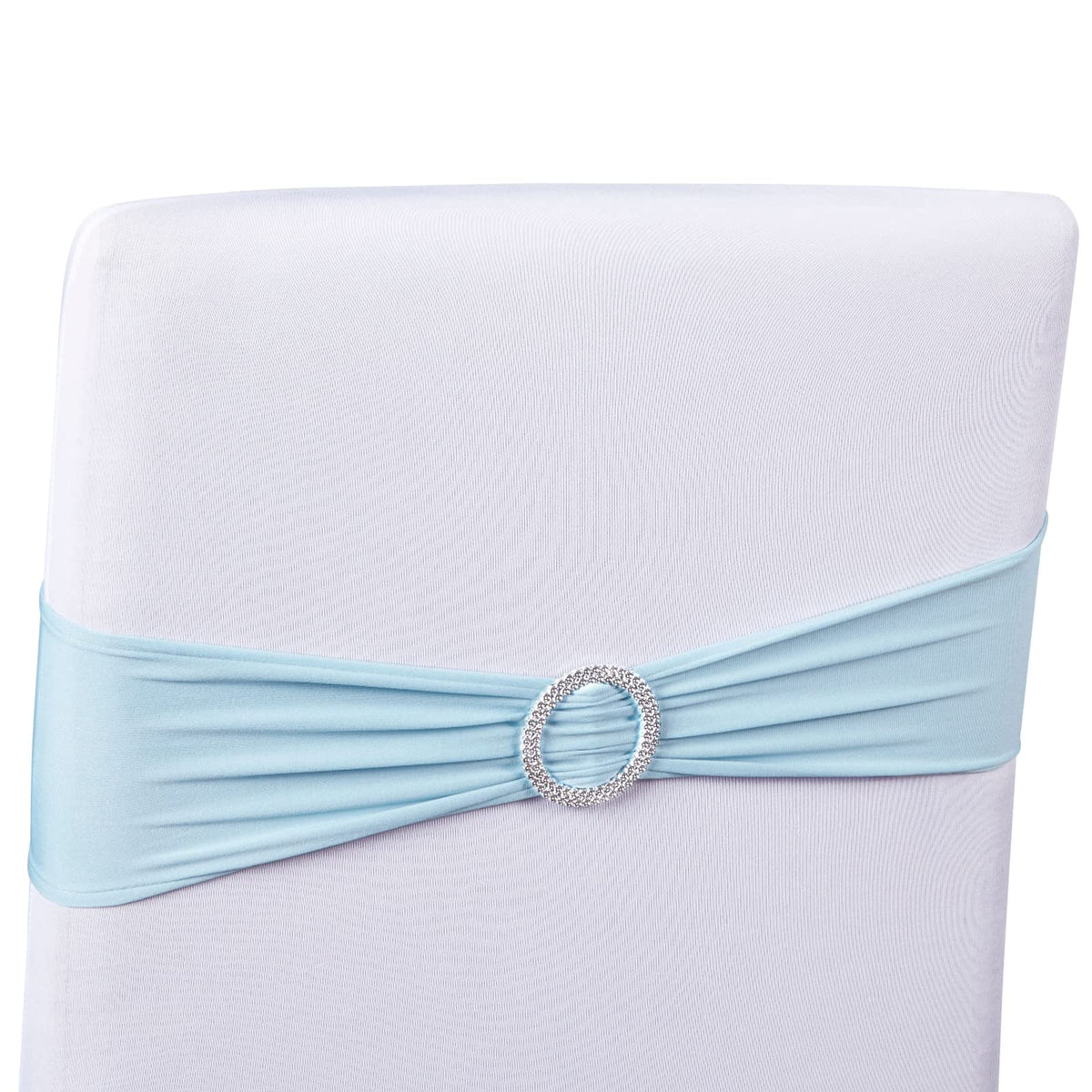Juvale light blue chair sash draped on chair back for elegant wedding decor.