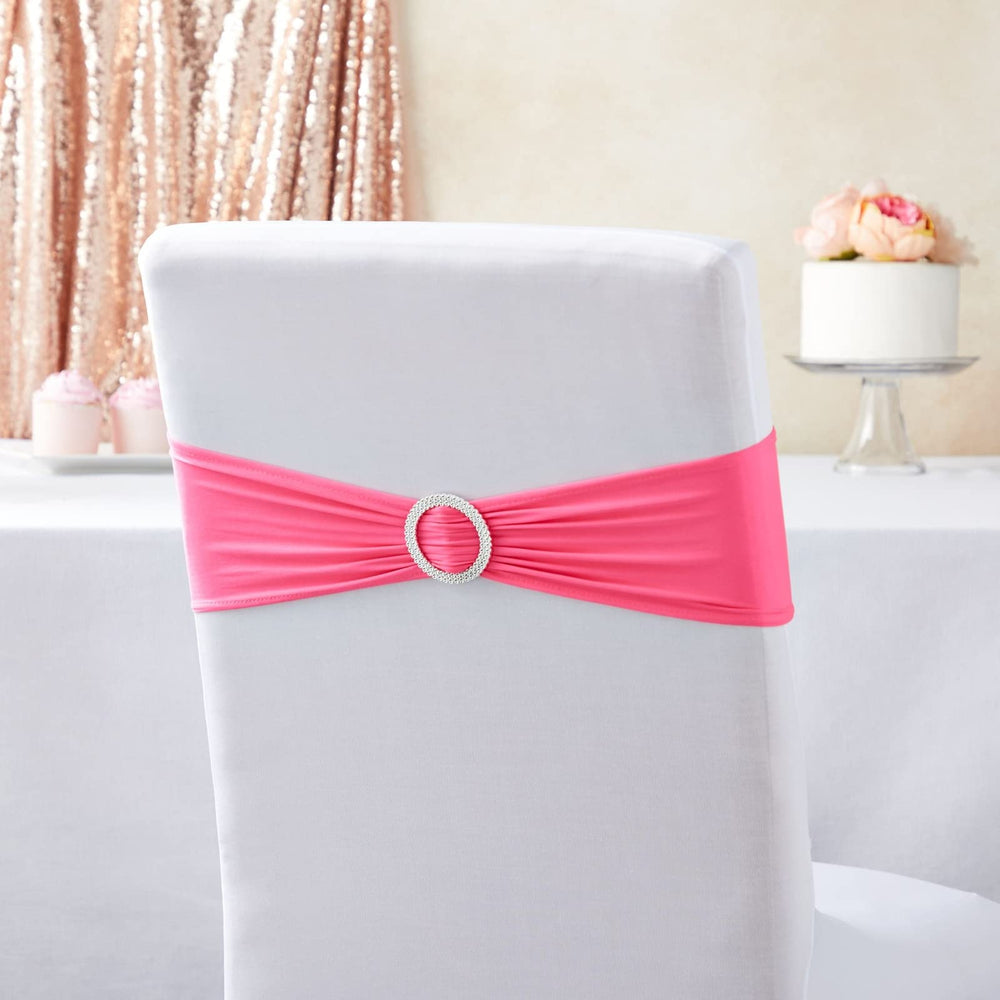 Juvale pink chair sash close-up shows stretch fabric for quick installation